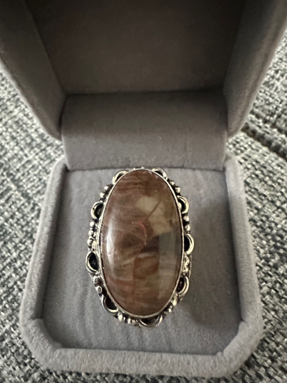 Sterling Silver Brown Peanut Wood Jasper Oval Statement Ring - Size 8